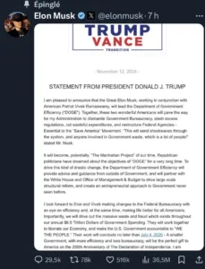 Communiqué de donald Trump partagé sur le compte d'Élon Musk