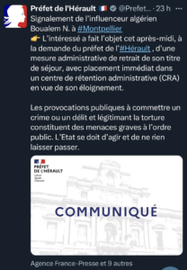 Communiqué de la prefecture de l'écran public sur X ( capture d'ecran