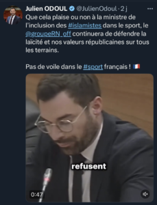 Message de Julien Odoul sur son compte X ( capture d'écran)