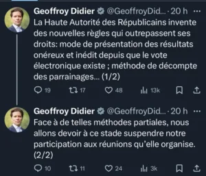 Déclaration de Geoffroy Didier sur son compte X ( capture d'écran)