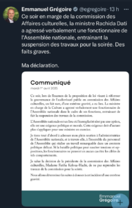 Communiqué d'Emmanuel Grégoire publié sur son compte X ( capture d'écran)