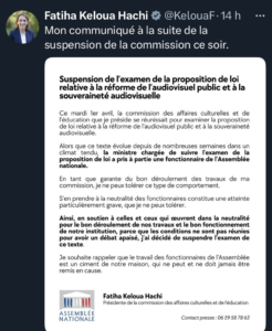 Communiqué de Fatiha Keloua Hachi publié sur son compte X ( capture d'écran)
