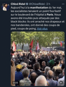 Message de Chloé Ridel publié sur son compte X