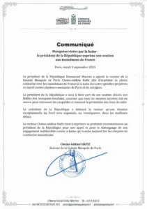 Communiqué de la Grande Mosquée de Paris le 9 septembre