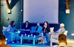 Samira El Ayachi ,Afifa Smiti, Souleymane Bachir Diagne et Lamis Saidi lors de la table ronde ( CD Kotouf )